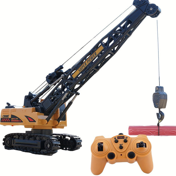 Grue télécommandée MegaLift RC pour enfants, rotation 360°, lumières et sons, jouet de construction éducatif.