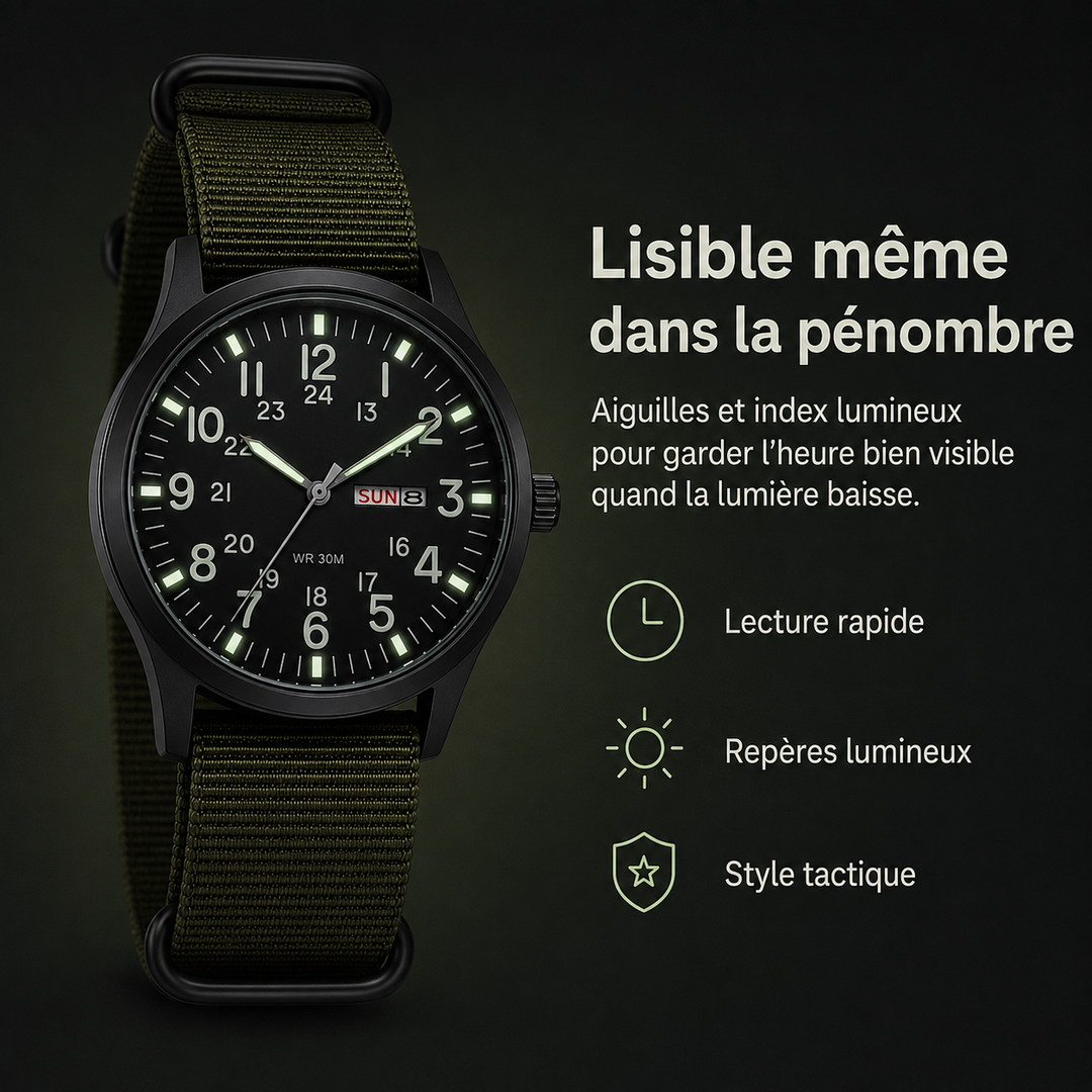 Montre outdoor homme sur fond nature, prête pour la randonnée et les sports aquatiques.
