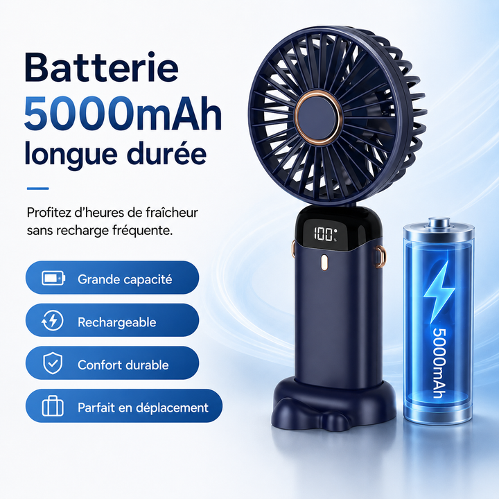 Petit ventilateur 5000mAh rechargeable, offrant une fraîcheur bienvenue pendant l'été au bureau ou en voyage.