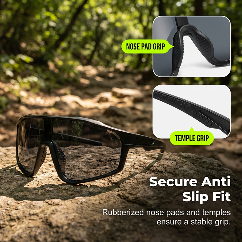 Lunettes de sport photochromiques polyvalentes, adaptées au cyclisme, course et activités outdoor.
