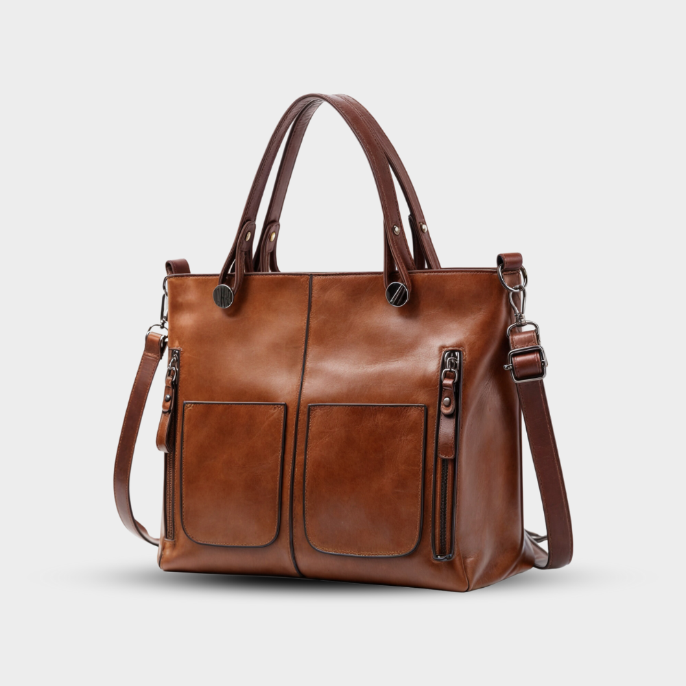 Grand sac fourre-tout femme élégant en cuir vegan marron, idéal pour le travail, avec bandoulière amovible.