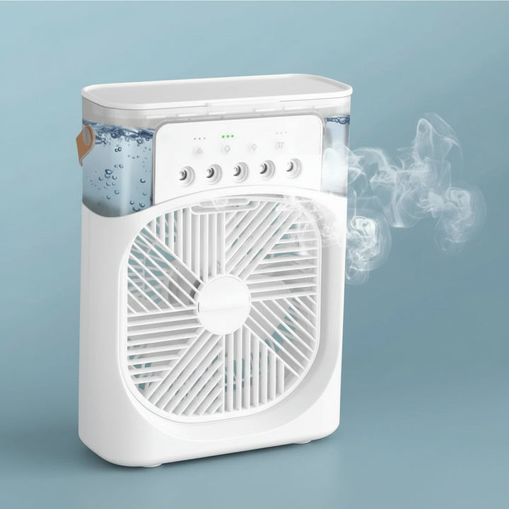 Ventilateur de bureau compact avec humidificateur intégré, améliore le confort de l'air ambiant.