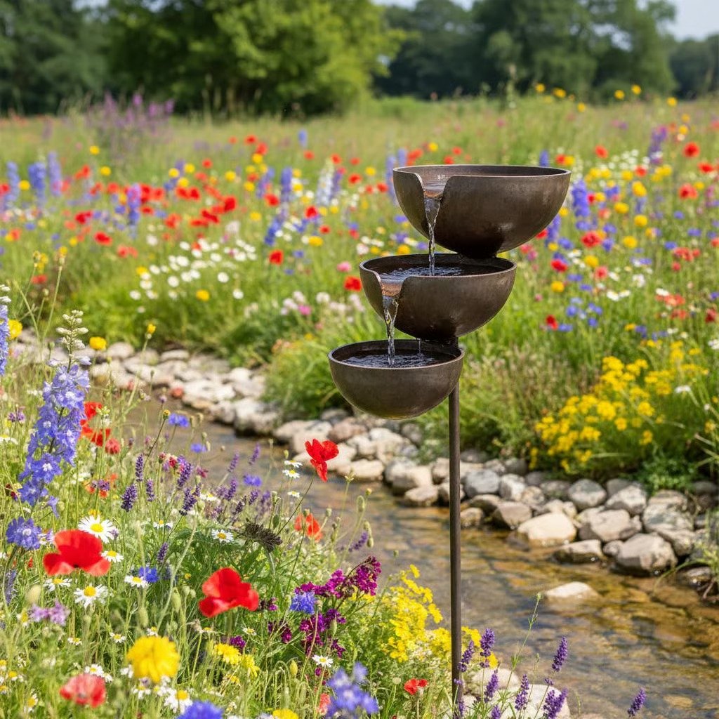 Superbe bain d'oiseaux métal, cadeau jardinier parfait, ajoute une touche élégante au jardin.