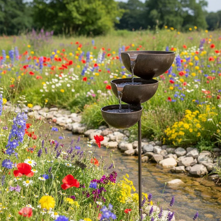 Superbe bain d'oiseaux métal, cadeau jardinier parfait, ajoute une touche élégante au jardin.