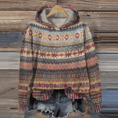 Stickad Damhoodie - Fair Isle Mönster - Avslappnad