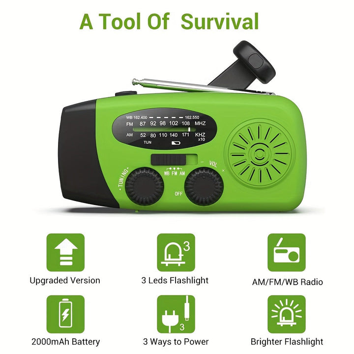 Radio d'urgence avec fonction power bank USB pour charger téléphones, cruciale en cas de coupure.