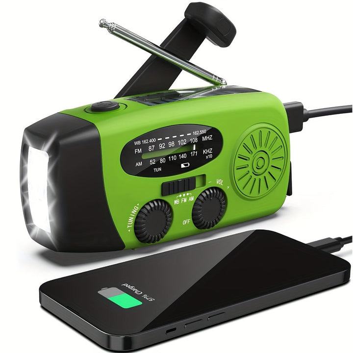 Radio d'urgence compacte à manivelle et panneau solaire, essentielle pour survie et camping.