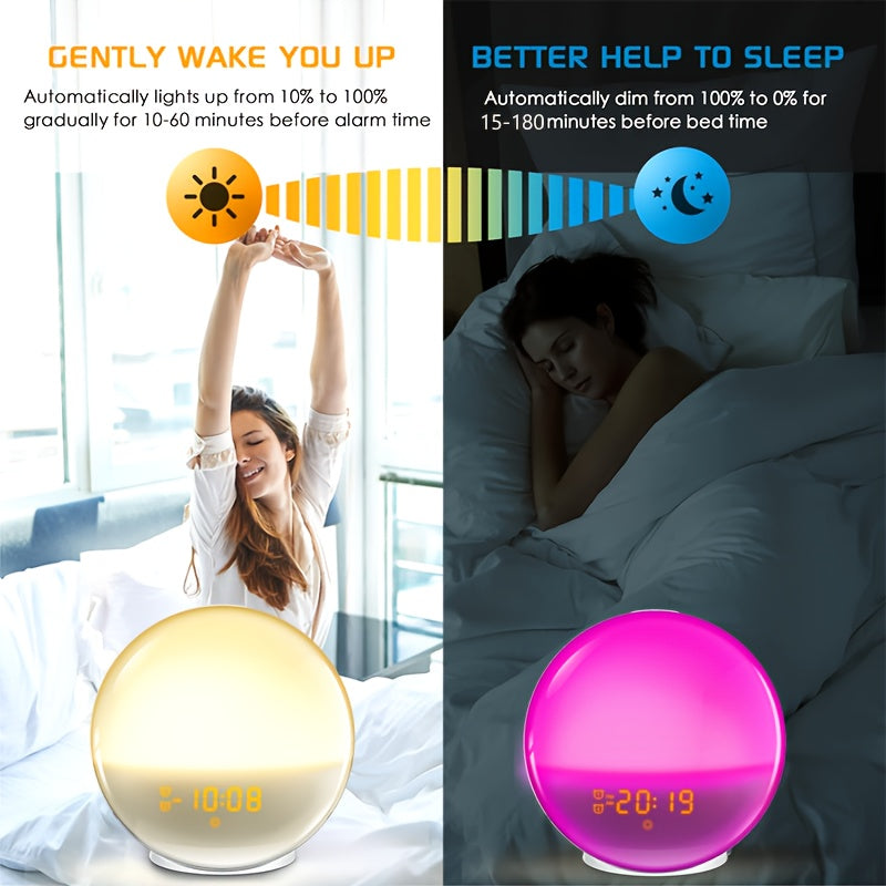 Horloge design Halo Light avec affichage digital, double alarme et fonction simulateur de lever de soleil.