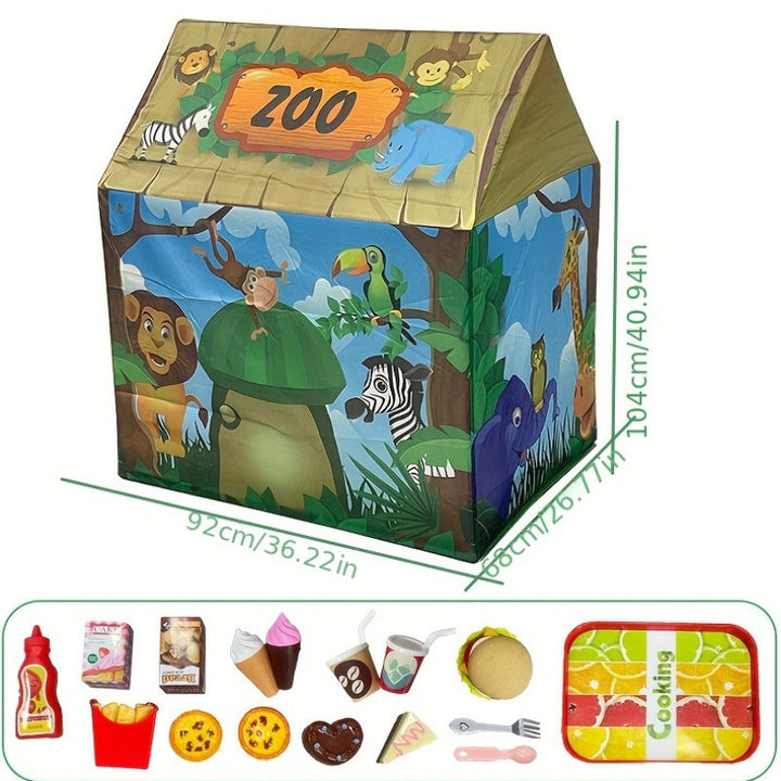 Enfant explorant une tente de jeu safari jungle thématique, stimulant la créativité et le jeu d'aventure.