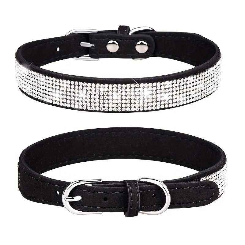 Collier luxe ajustable pour chien, en cuir noir et strass, pour un style chic et durable.