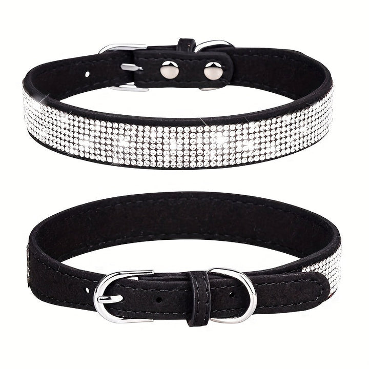 Collier luxe ajustable pour chien, en cuir noir et strass, pour un style chic et durable.