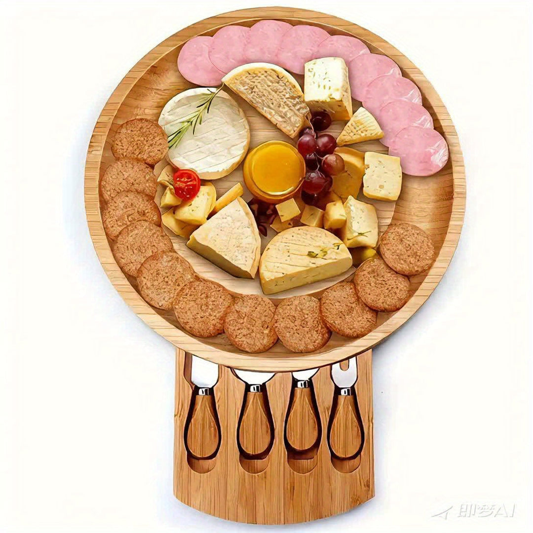 Planche à fromage en bambou au design pratique. Compartiment coulissant discret pour ranger et protéger les couteaux.