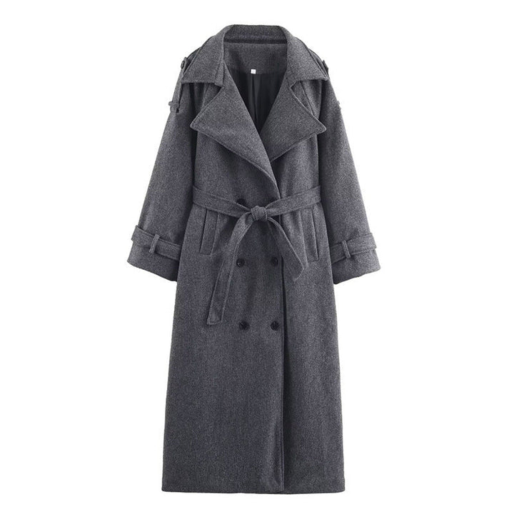 Manteau femme Hannelore marron, coupe croisée longue, look élégant et chaud pour la saison hivernale.