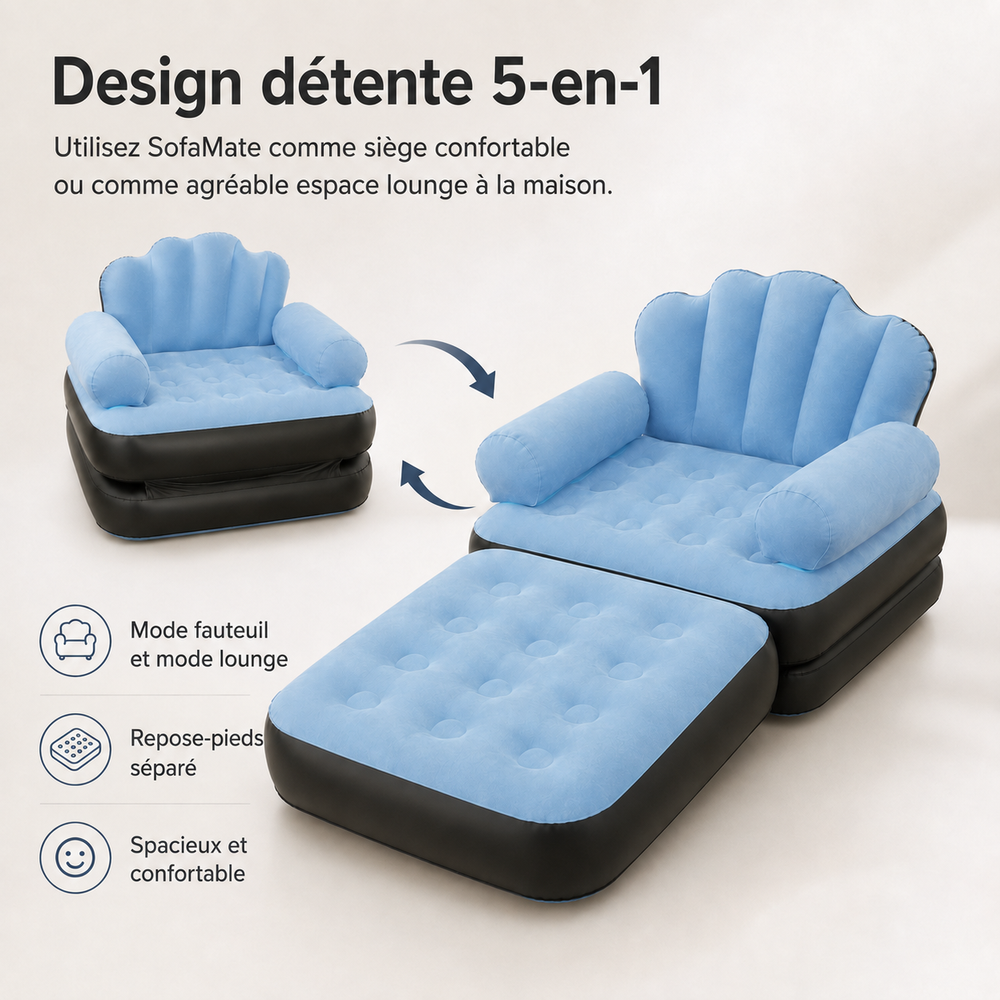 Chaise longue gonflable SofaMate bleue, mobilier portable pour salon ou jardin.