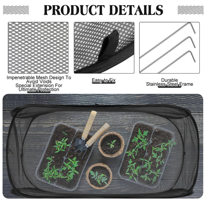 Détail du filet de protection fin, empêchant les insectes d'atteindre les fruits et légumes du jardin. Pliable.