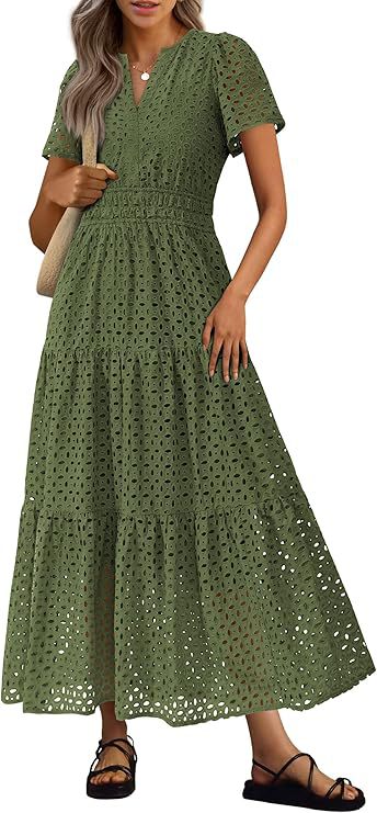 Robe longue femme, style bohème fluide, col V, manches courtes, pour l'été.