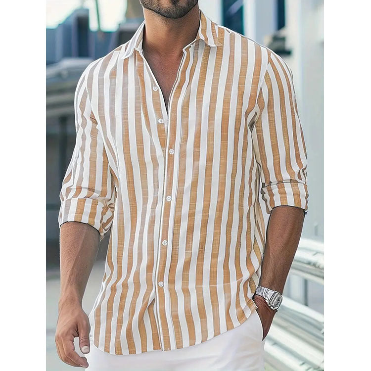 Chemise homme slim fit rayée, manches longues. Vêtement moderne élégant pour bureau ou soirée.
