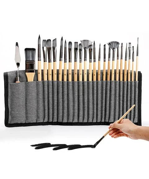 Ensemble professionnel de 24 pinceaux d'art en bois/nylon pour acrylique, aquarelle, huile. Fournitures artistes.