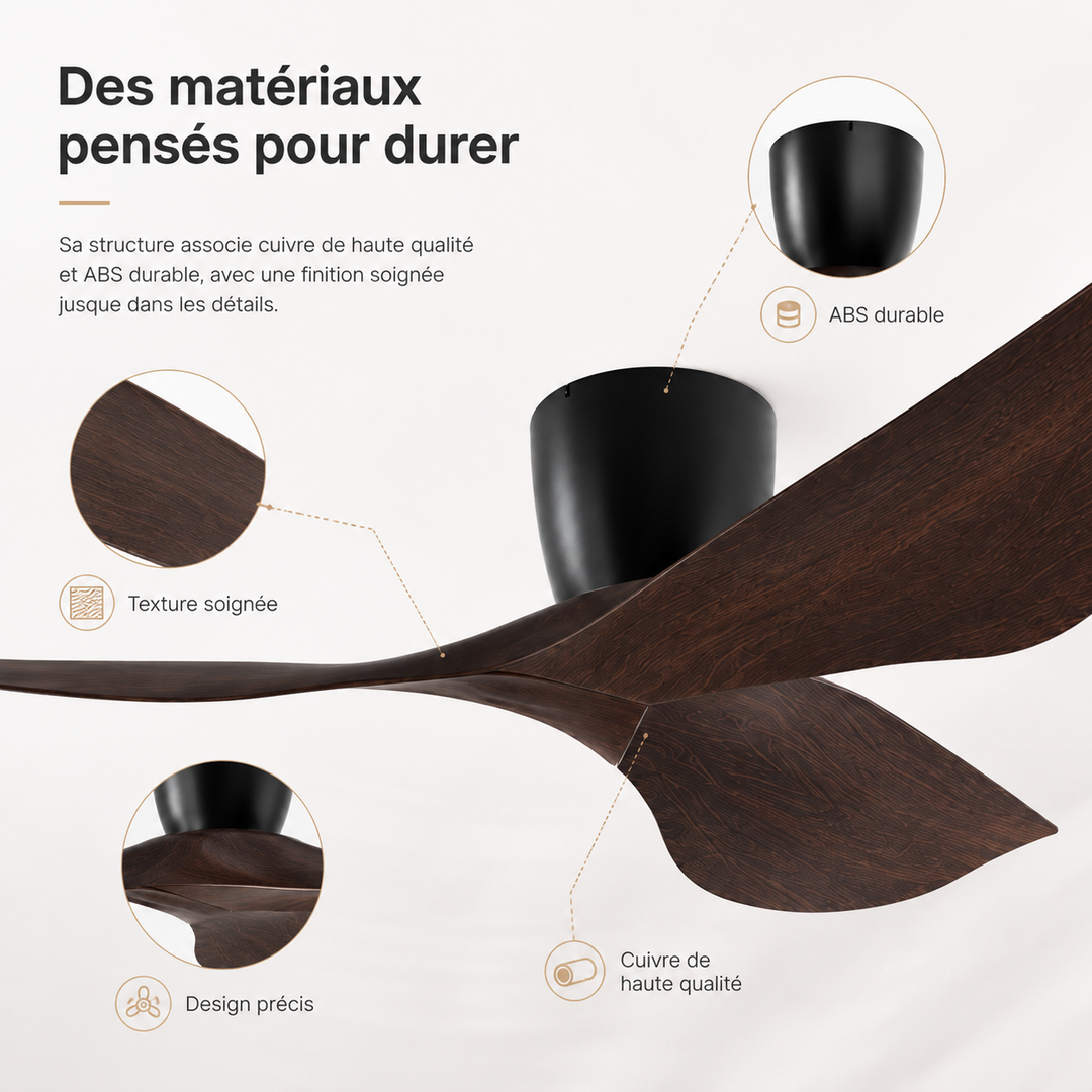 Élégant ventilateur de plafond avec pales en bois, apporte une touche moderne à votre décoration intérieure.