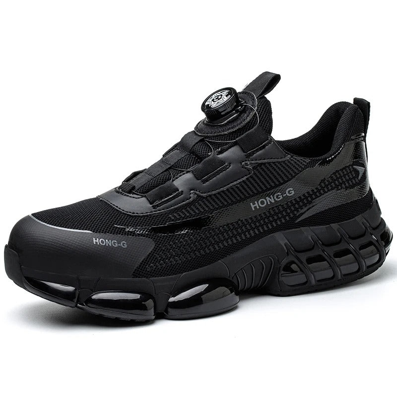 Chaussures de sécurité unisexes anti-écrasement noires avec lacet rotatif, robustes pour chantier et industrie.