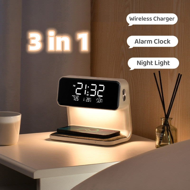 Lampe de chevet 3-en-1 moderne avec chargeur sans fil, réveil LCD et lumière LED dimmable.