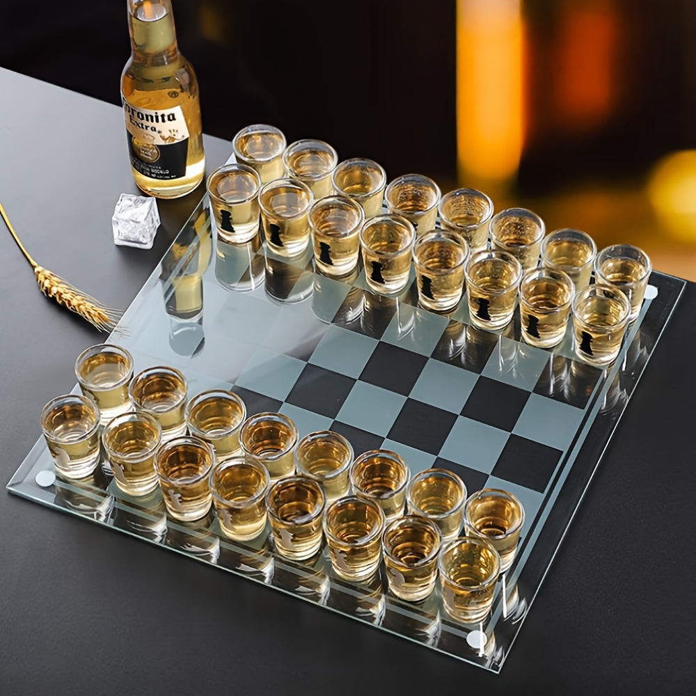 Jeu d'échecs à boire complet avec échiquier en verre et 32 verres, idéal pour soirées festives et stratégiques.