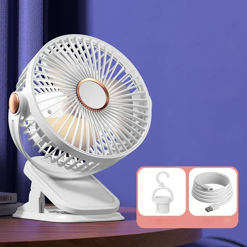 Ventilateur USB ultra silencieux à clip, 5 vitesses. Ventilation discrète pour bureau ou chambre. Refroidissement.