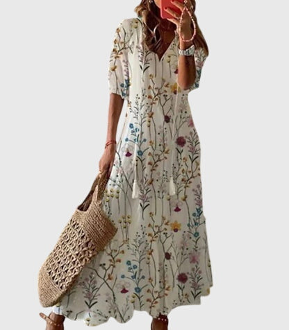 Robe de plage femme longue, style bohème vintage fleuri, élégante et confortable pour l'été.