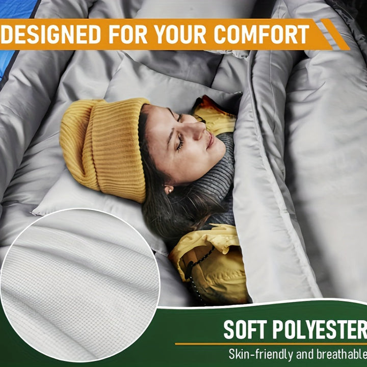 Sac de couchage polyvalent pour le voyage, convertible double ou simple, avec oreiller pour un sommeil réparateur.