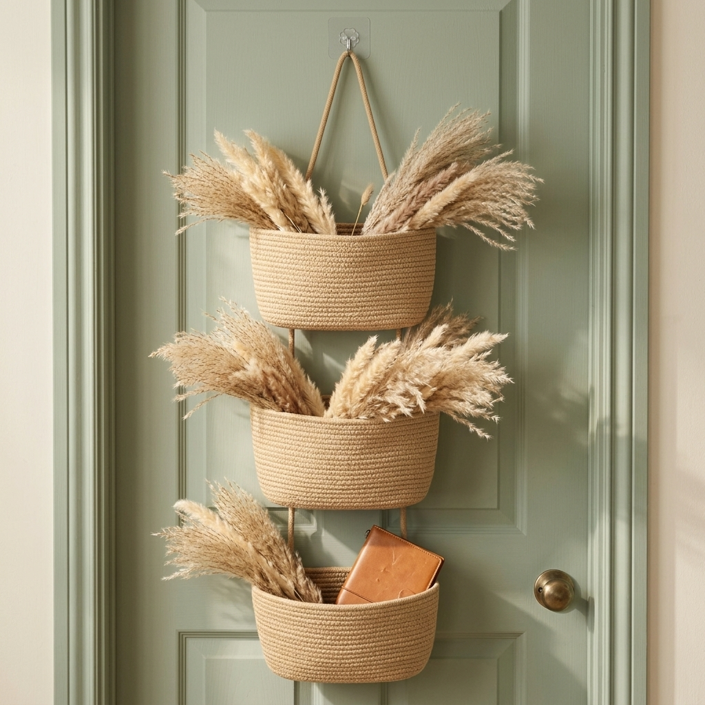 Panier de rangement décoratif 3 niveaux en coton ivoire pour porte, ajoute une touche d'ordre.