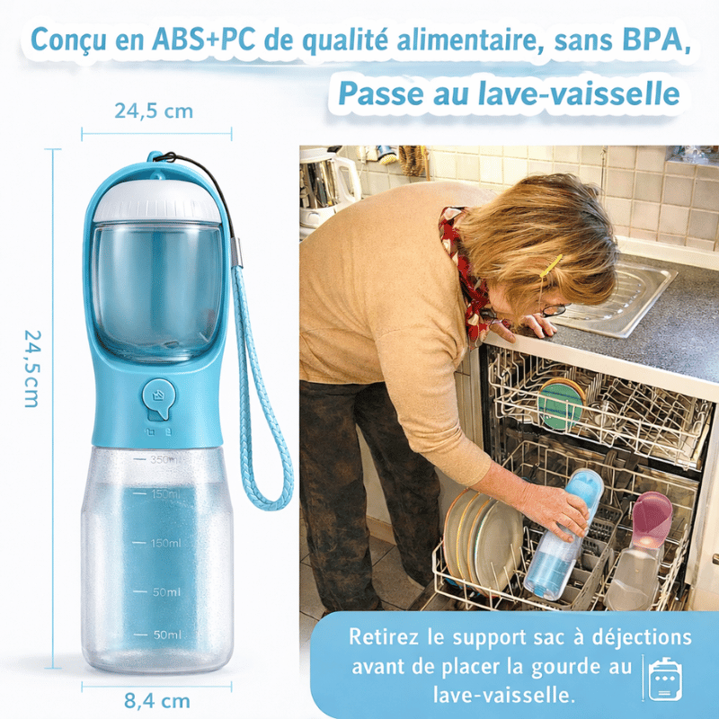 Gourde compacte et pratique pour chien, avec compartiments eau, nourriture et sacs.