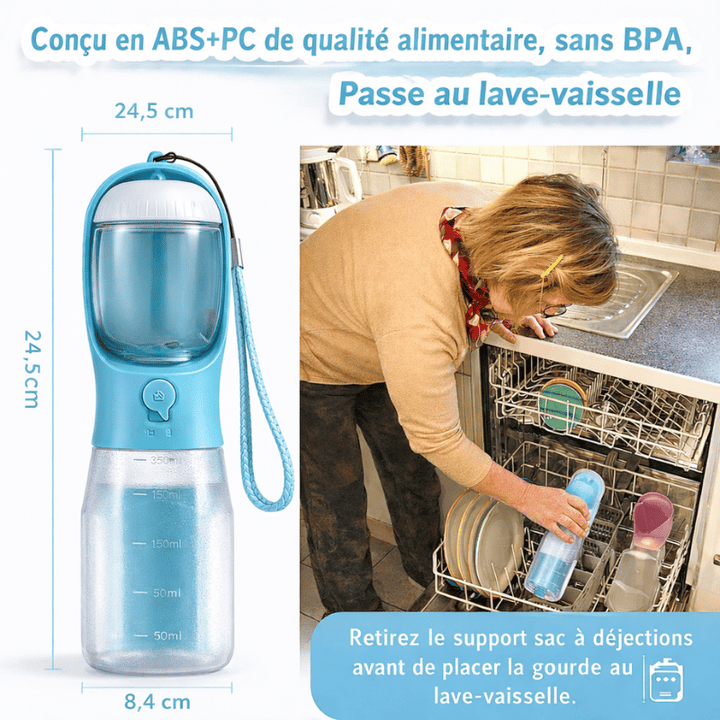 Gourde compacte et pratique pour chien, avec compartiments eau, nourriture et sacs.