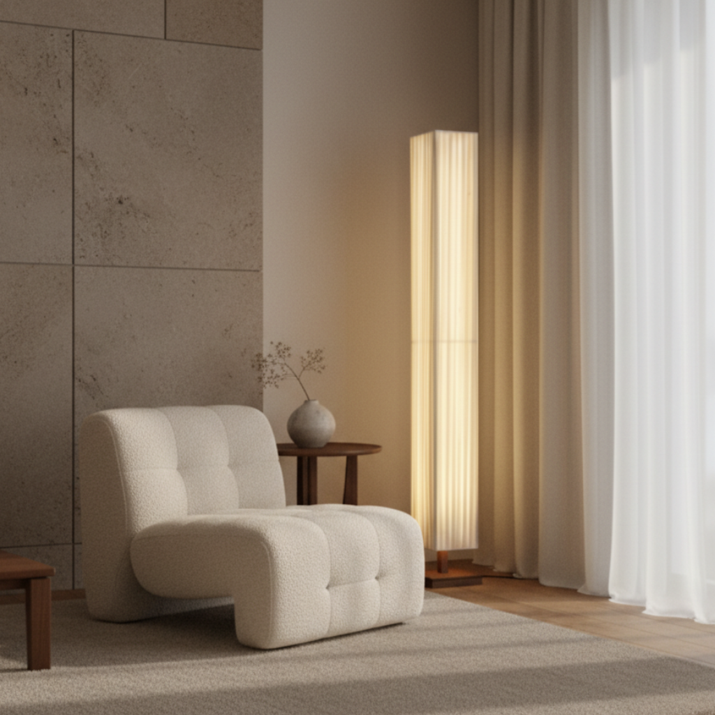 Lampe de salon design japonais minimaliste, lumière LED élégante pour décor zen intérieur.