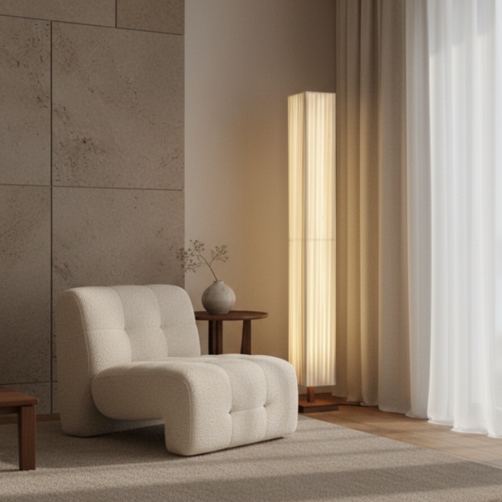 Lampe de salon design japonais minimaliste, lumière LED élégante pour décor zen intérieur.