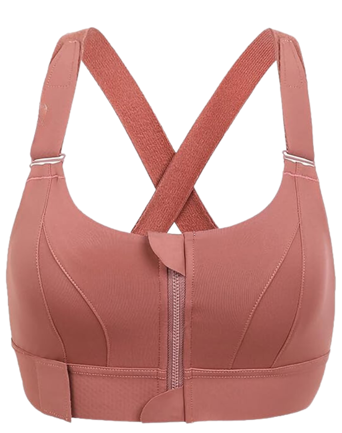 Soutien-gorge de sport ajustable, maintien élevé, design confortable pour fitness, fermeture éclair.
