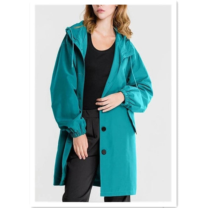Manteau de pluie femme élégant, coupe-vent, avec capuche ajustable, parfait pour toutes saisons et grandes tailles.