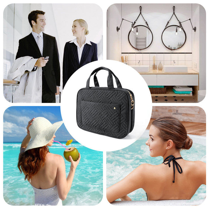 Accessoire de voyage unisexe : organiseur étanche pour cosmétiques, brosses et flacons.