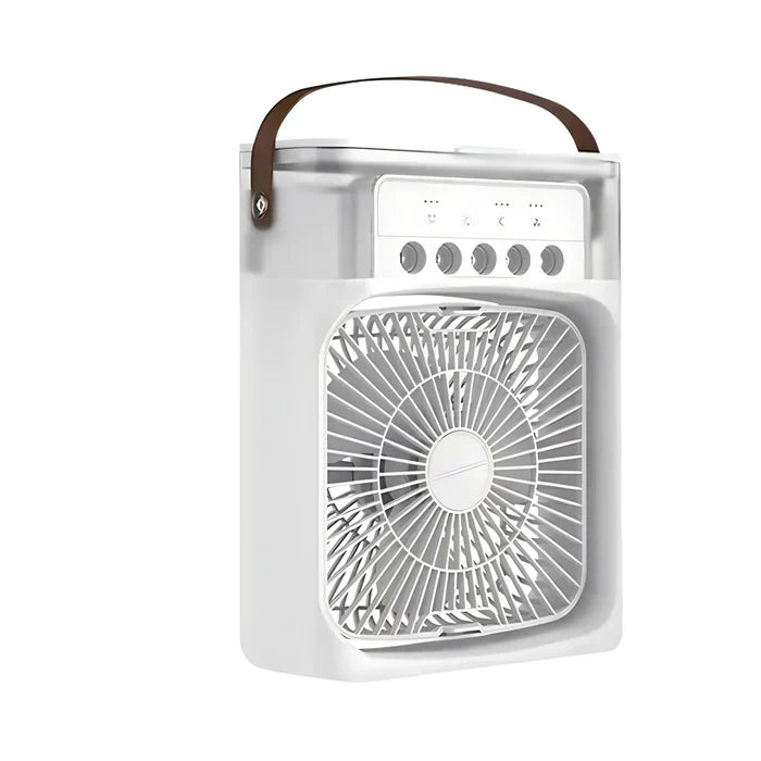 Ventilateur personnel 3-en-1 avec LED, offre fraîcheur, humidification et lumière pour le bureau, la chambre ou la maison.