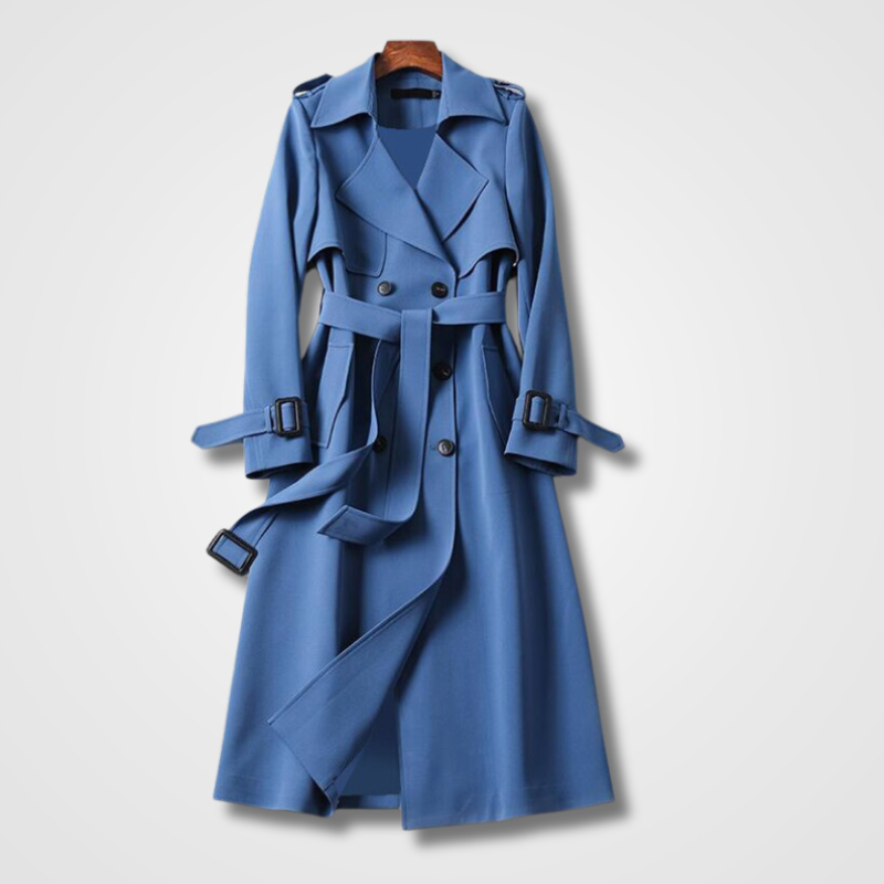 Manteau trench femme bleu intemporel. Élégant et polyvalent, parfait pour un look chic en automne-printemps.