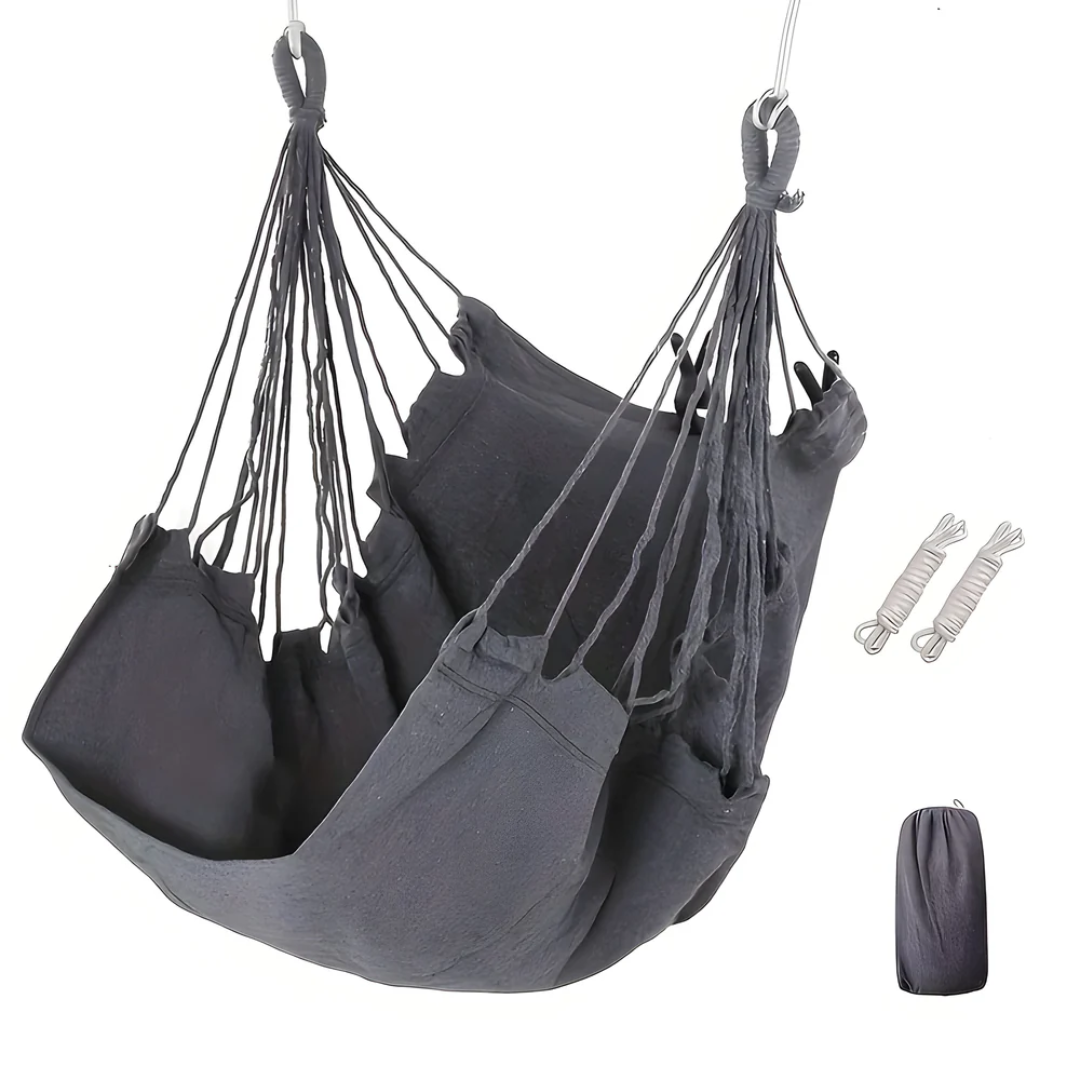 Hamac fauteuil suspendu en coton résistant, offrant confort et style pour jardin et intérieur.