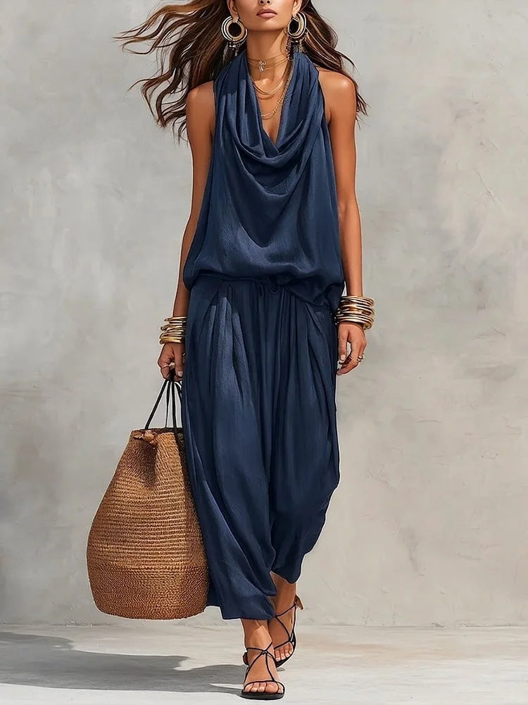 Ensemble femme fluide et confortable, top drapé élégant et pantalon ample. Idéal pour le printemps/été.