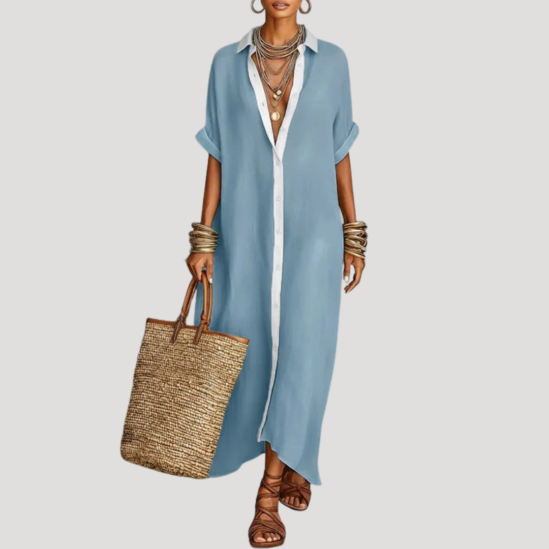 Robe longue verte femme style bohème, ample avec col chemise, très élégante et tendance pour l'été.