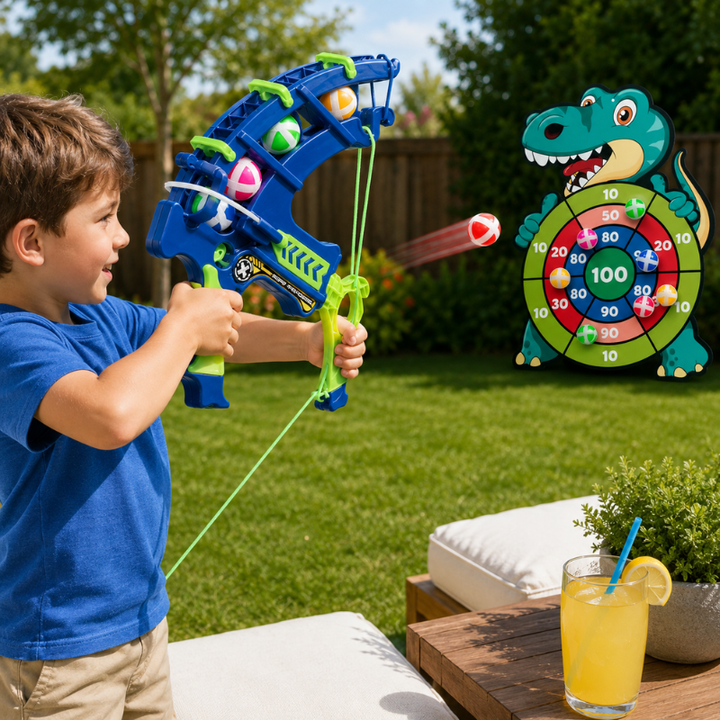 Ensemble JoyStrike complet: arc, 3 flèches à balles adhésives et cible dinosaure. Jouet éducatif.