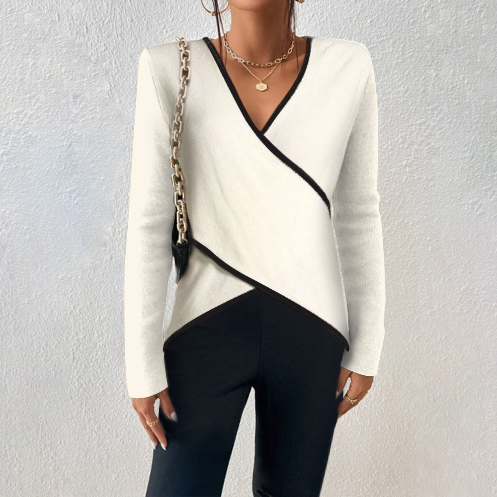 Pull femme élégant en tricot, col en V, idéal pour un look chic et confortable en automne-hiver.