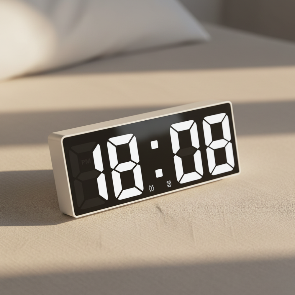 Réveil numérique pour chambre, design compact avec affichage température et heure LED.