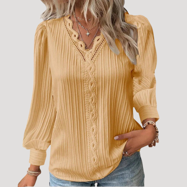 Blouse femme sophistiquée, plissée avec un élégant col V et de la dentelle. Parfait pour le travail ou le soir.