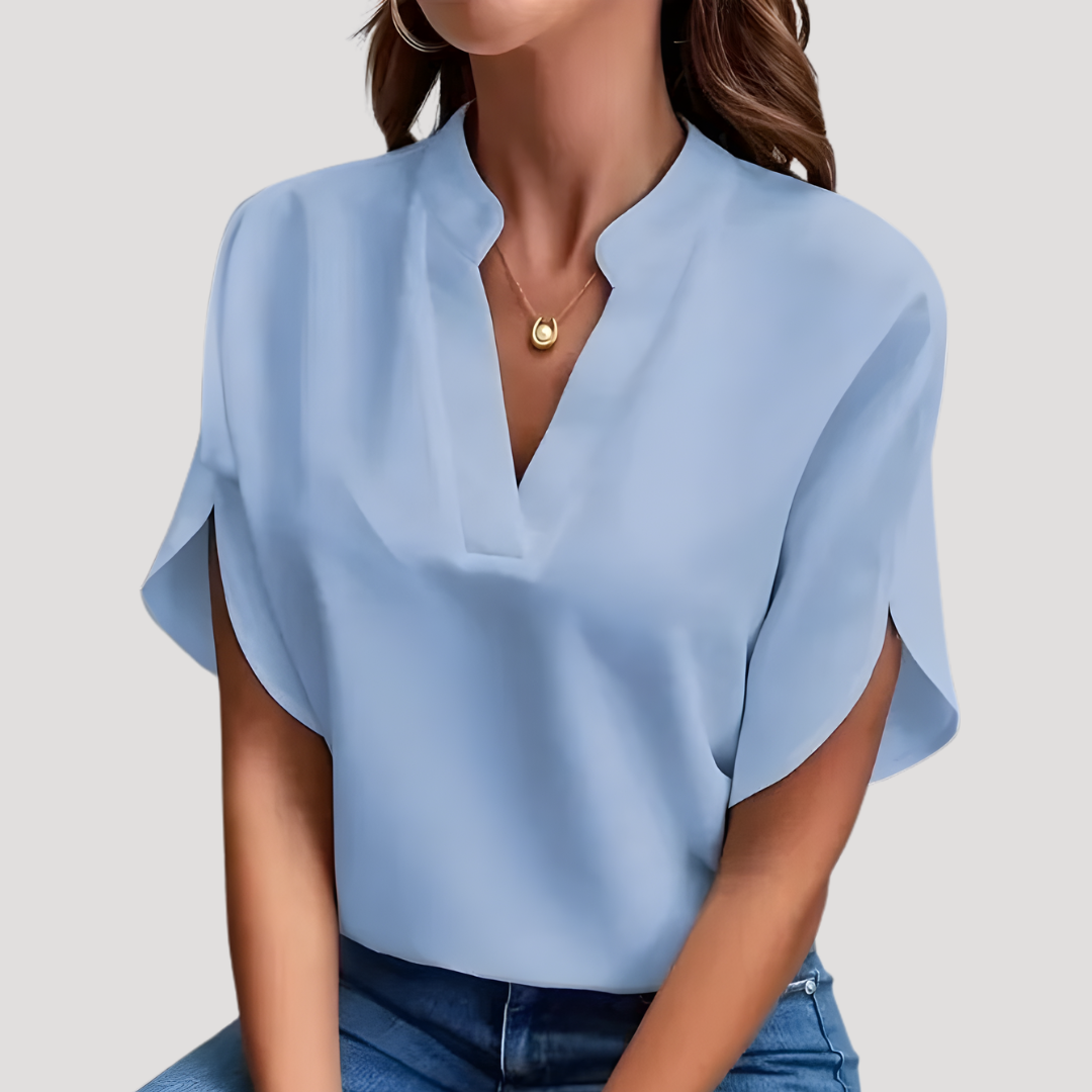 Blouse femme confortable et élégante col V, style mode chic pour l'été.