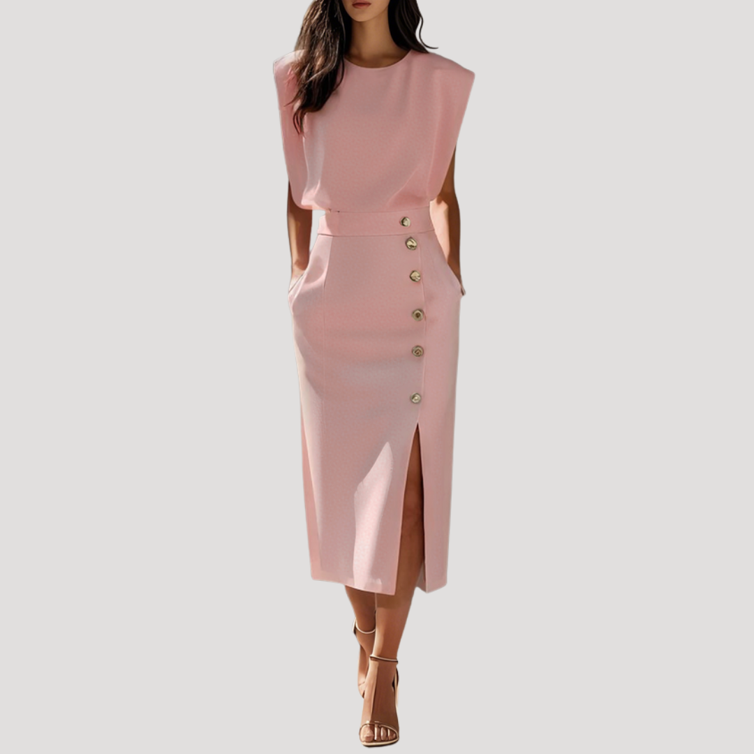 Robe midi femme ceinturée, coupe élégante, sans manches. Souligne la taille pour un look chic estival.