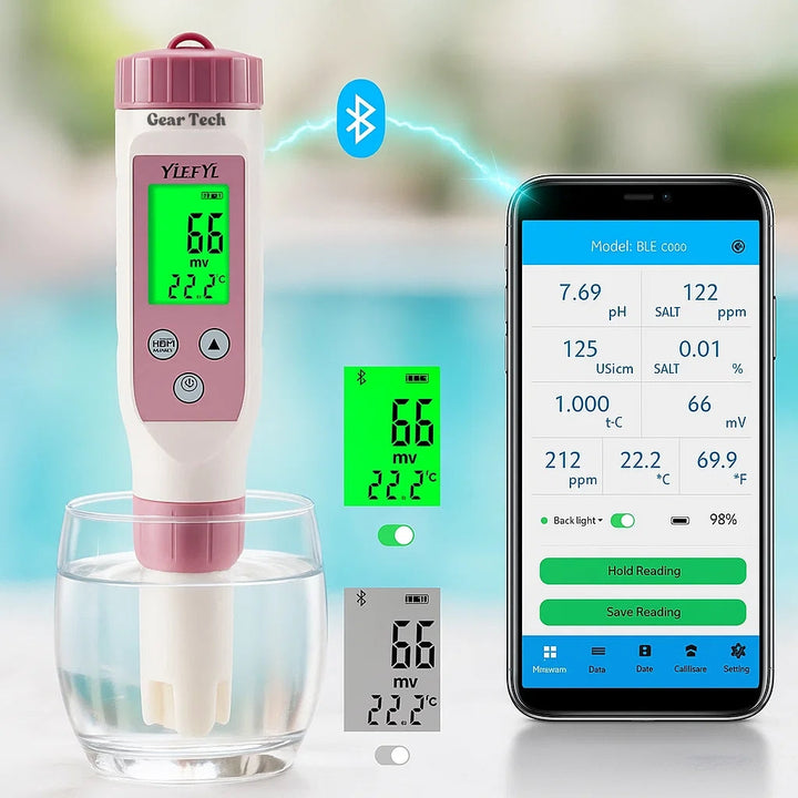 Contrôlez la qualité de l'eau de votre piscine : testeur numérique pH, chlore, ORP, EC, TDS, température.