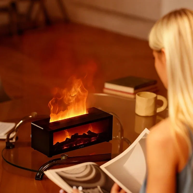 Effet flamme LED réaliste sur l'humidificateur HearthGlow, créant une ambiance cosy et décorative.